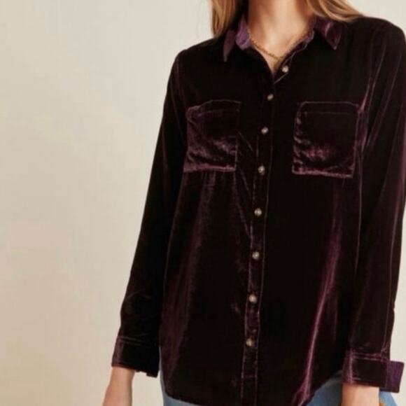 Maeve Anthropologie Katrina Burgundy Velvet Button Up Shirt - Picture 1 of 6